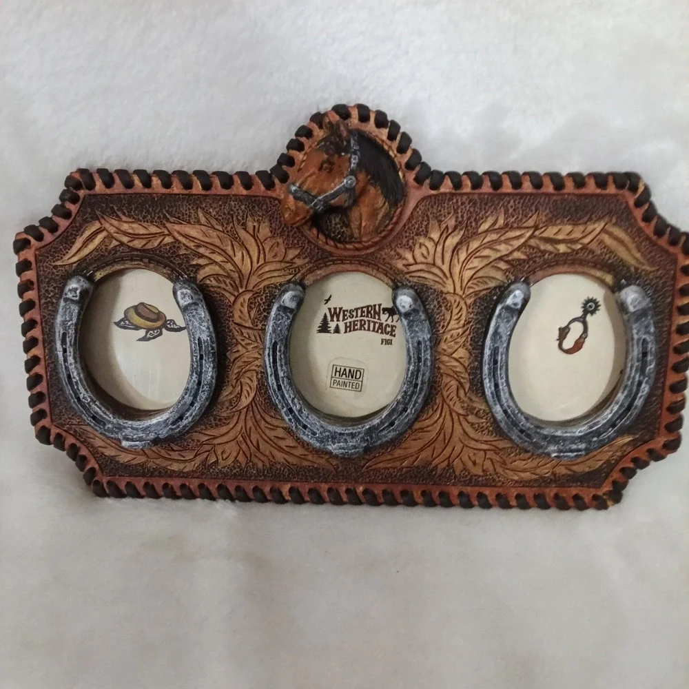 Western Heritage Figi Horse Horseshoe Triple Picture Frame Hand Painted Rustic